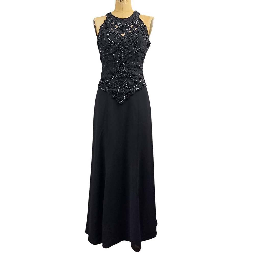 Karen Miller Beaded Gown Cutwork High Neck Bodice Black Art Deco Evening Dress